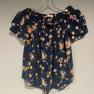Rewind XS Navy Floral Peasant Blouse Off Shoulder Womens Teen Boho